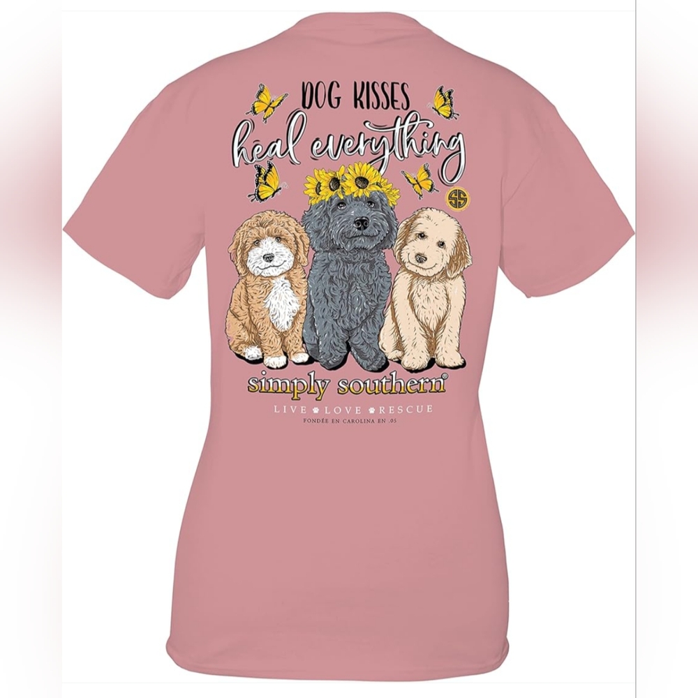 SIMPLY SOUTHERN Dog Kisses Heal Everything T Shirt Women's L Cockapoo Dusty Rose - Picture 12 of 12